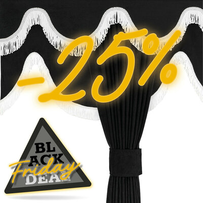 BASIC SET SIDE CURTAIN, WINDOW TAPE AND 3-ARCH CURTAIN - BLACK AND WHITE FRINGES